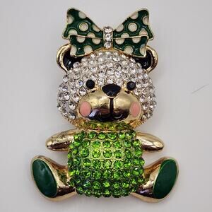 Glam Teddy Bear Brooch Green Enamel and Rhinestones Hair Bow Cute Also Pendant